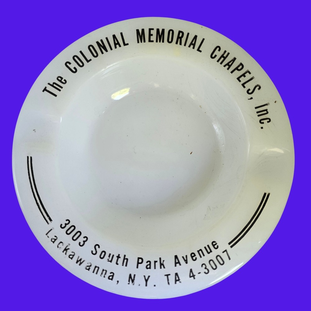 Vintage Colonial Memorial Chapels Milk Glass Ashtray Lackawanna NY Advertising